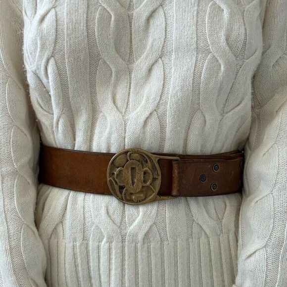 Vintage Womens 1970s Brown Leather Solid Brass Geometric Hippie Belt Sz L - Picture 3 of 5